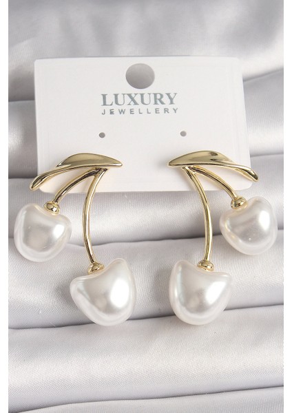 Bfs Pirinç Gold Renk Beyaz Inci Kiraz Model Kadın Küpe