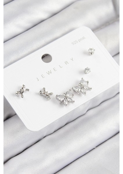 Bfs Pirinç Zirkon Taşlı Fiyonk Model Gümüş Renk 925 Ayar Gümüş Çivi Kadın Küpe Set