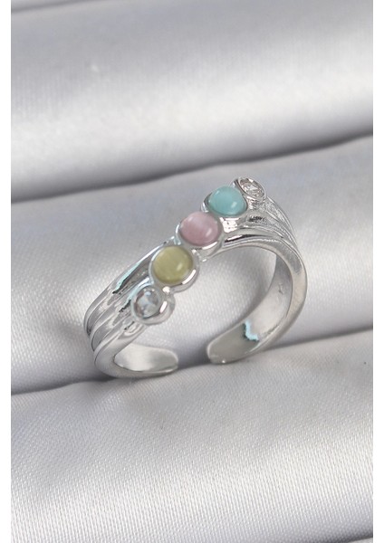 Bfs Pirinç Gümüş Renk Zirkon Taş Detaylı Renkli Mineli Ayarlanabilir Kadın Yüzük