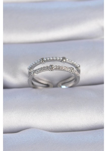 Bfs Pirinç Gümüş Renk Zirkon Taşlı Inci Detay Kadın Yüzük