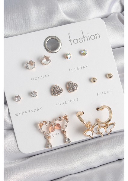 Bfs Pirinç Gold Renk Zirkon Taşlı Sallantılı Kalp Figür Kelebek Detay 7 Çift Kadın Küpe Seti