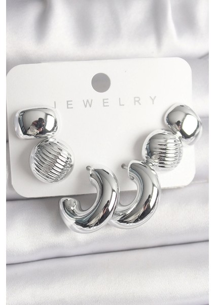 Bfs Gümüş Renk Işlemeli Daire Halka Model Ccb Platik Kadın Küpe Seti