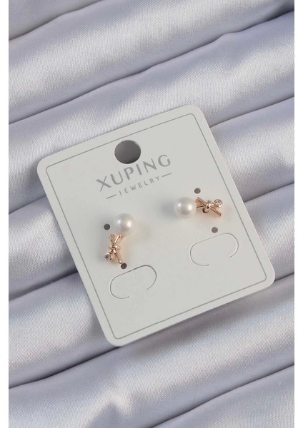 Bfs Xuping Rose Renk Zirkon Taşlı Incili Minimal Fiyonk Küpe