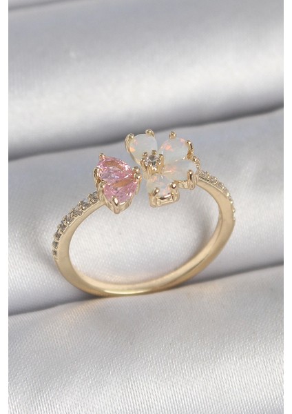 Bfs Pirinç Gold Renk Beyaz Mineli Pembe Zirkon Taşlı Çiçek Model Kadın Yüzük