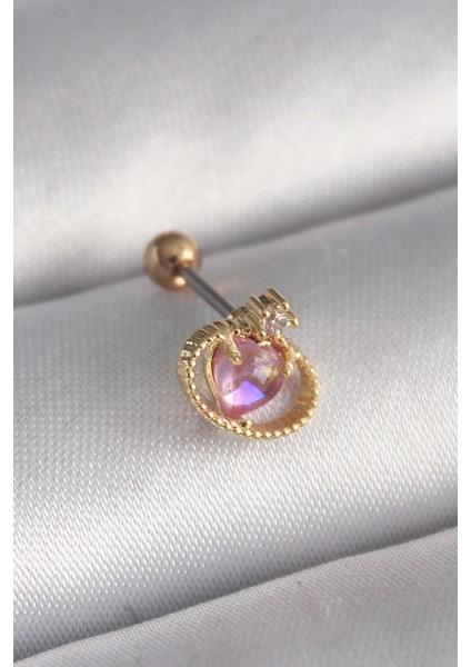 Bfs 316L Çelik Gold Renk Pembe Mineli Kalp Zirkon Taş Detay Tragus Piercing