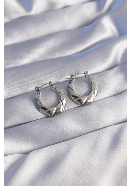 Bfs 316L Çelik Gümüş Renk Kıvrımlı Görünüm Geometrik Model Küpe