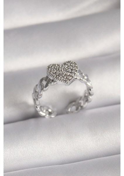 Bfs Pirinç Gümüş Renk Zirkon Taşlı Kalp Model Kadın Yüzük