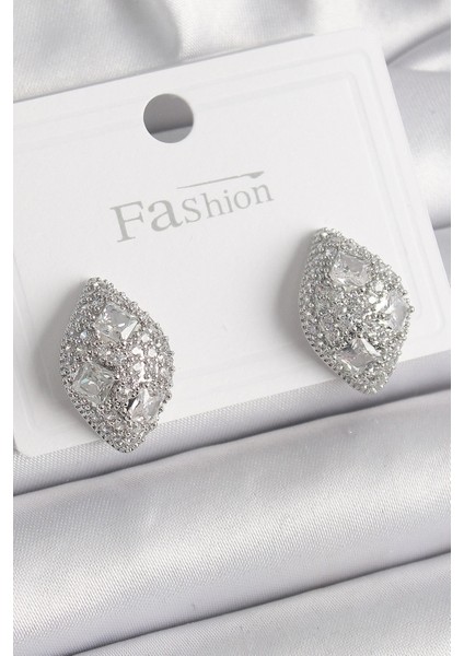 Bfs Pirinç Gümüş Renk Zirkon Taş Işlemeli Damla Model Kadın Küpe