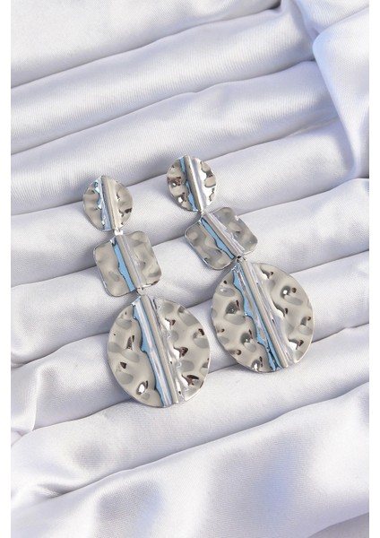 Bfs Pirinç Gümüş Renk Geometrik Ezme Plaka Küpe