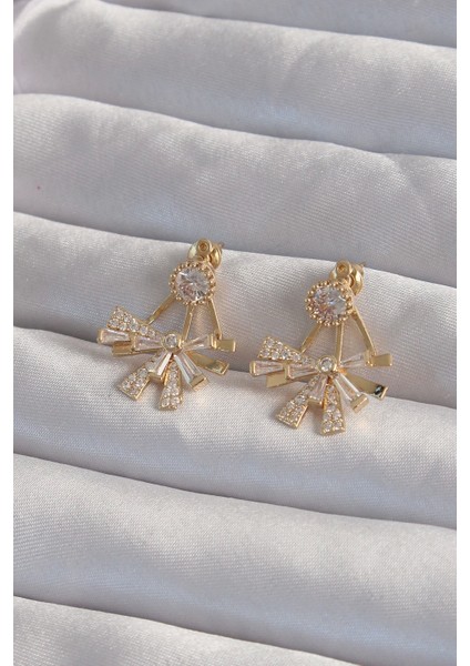 Bfs Pirinç Gold Renk Zirkon Taşlı Yassı Fiyonk Model Küpe