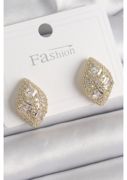 Bfs Pirinç Gold Renk Zirkon Taş Işlemeli Damla Model Kadın Küpe