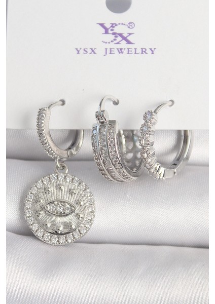 Bfs Pirinç Gümüş Renk Zirkon Taşlı Göz Işlemeli Halka Model 3'lü Kadın Kombin Küpe