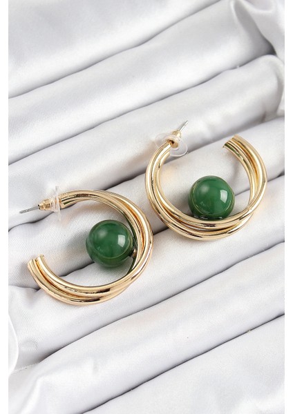 Bfs Pirinç Gold Renk Halka Model Yeşil Boncuk Detay Kadın Küpe fiyatları