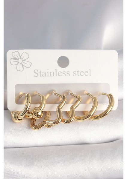 Bfs 316L Çelik Gold Renk Yıldız Halka Model Kadın Küpe Seti