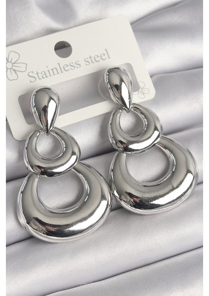 Bfs Pirinç Gümüş Renk Damla Detay Sallantı Halka Model Kadın Küpe