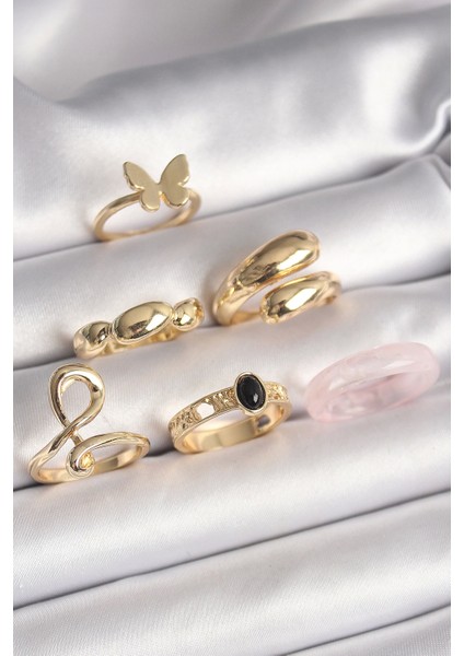 Bfs Pirinç Gold Renk Kelebek Figür Sarmal Model 6'lı Kadın Yüzük Seti