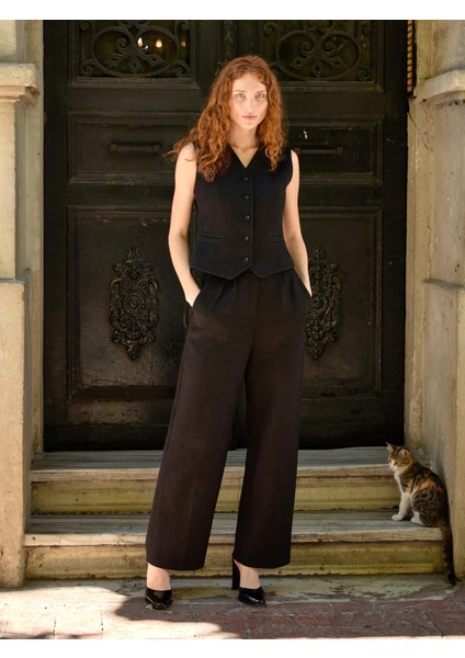 Örme Palazzo Pantolon-Yelek Takım Siyah