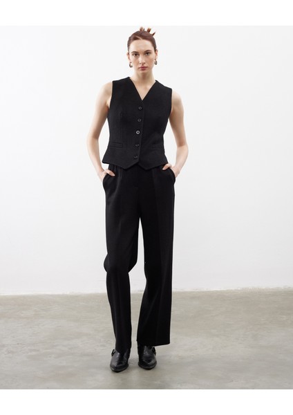 Örme Palazzo Pantolon-Yelek Takım Siyah