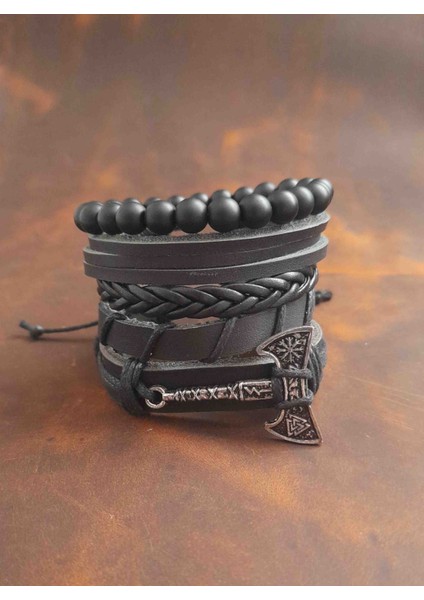 5'li Erkek Bileklik Valknut Balta Tasarım Hakiki Deri Bileklik
