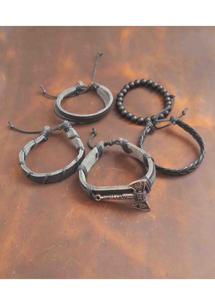 5'li Erkek Bileklik Valknut Balta Tasarım Hakiki Deri Bileklik fiyatları