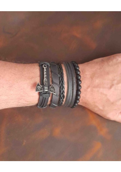 5'li Erkek Bileklik Valknut Balta Tasarım Hakiki Deri Bileklik modelleri