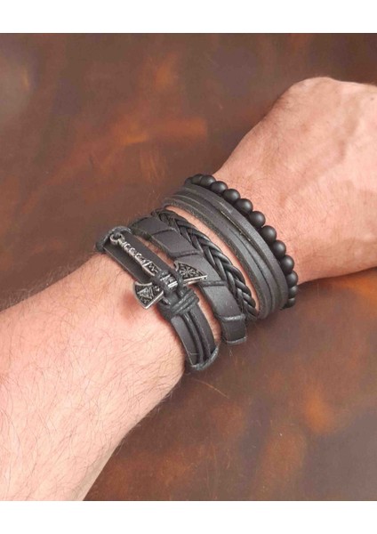 5'li Erkek Bileklik Valknut Balta Tasarım Hakiki Deri Bileklik fırsatları