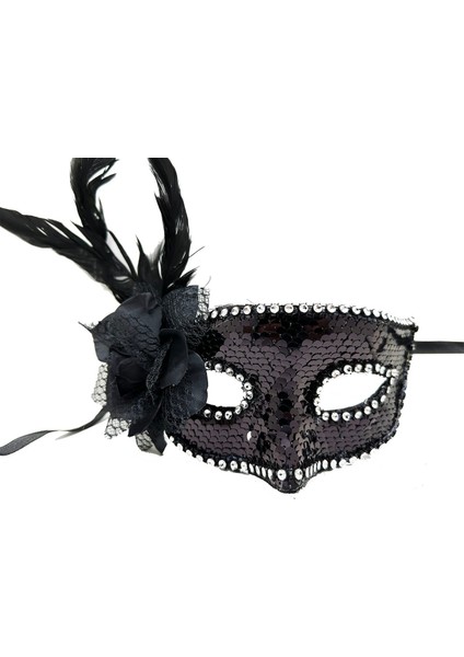 Siyah Renk Yandan Tüylü Güllü Gümüş Taşlı Pullu Maske 20X22 cm fiyatları