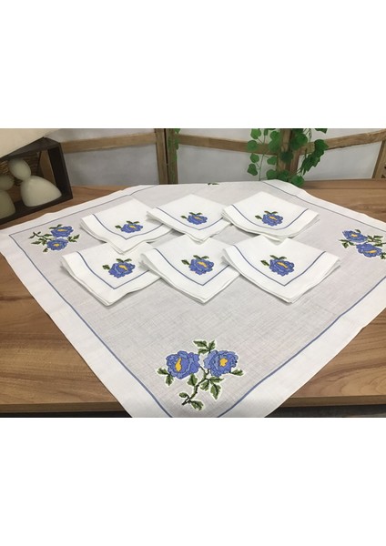 Mavi Kaneviçe Işlemeli Mutfak Takımı- 7 Parça