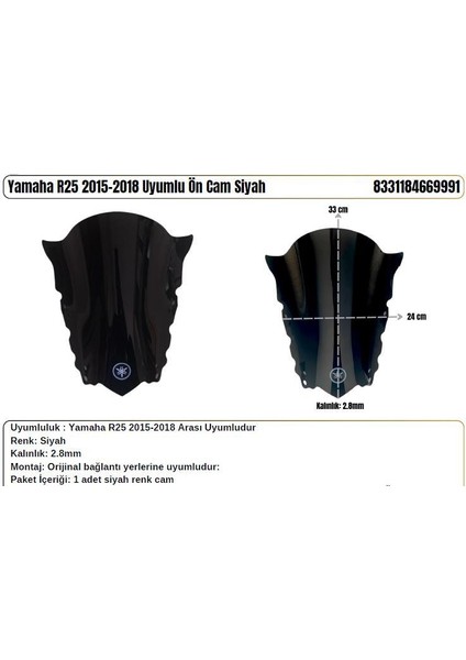 Yamaha R25 Siyah (2015-18) Siperlik Camı