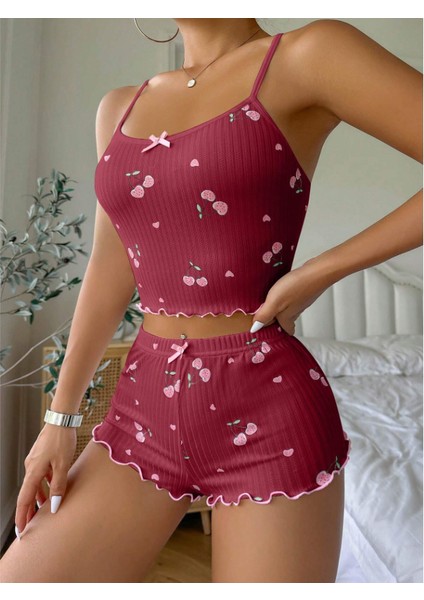 Kiraz Desenli Örme Kadın Şortlu Pijama Takım