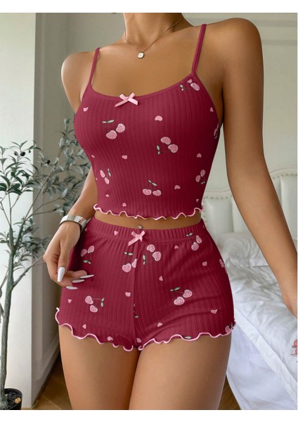 Kiraz Desenli Örme Kadın Şortlu Pijama Takım fırsatları