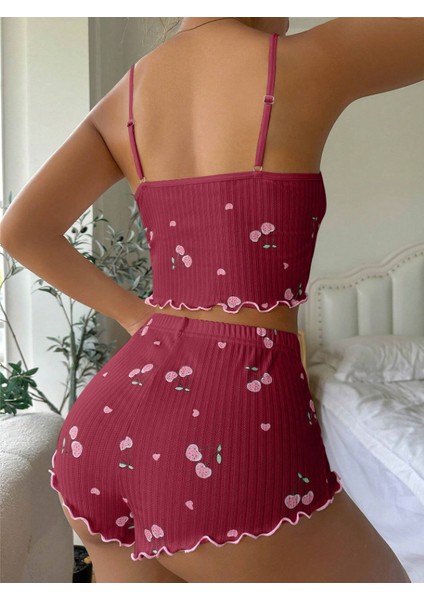 Kiraz Desenli Örme Kadın Şortlu Pijama Takım indirimleri
