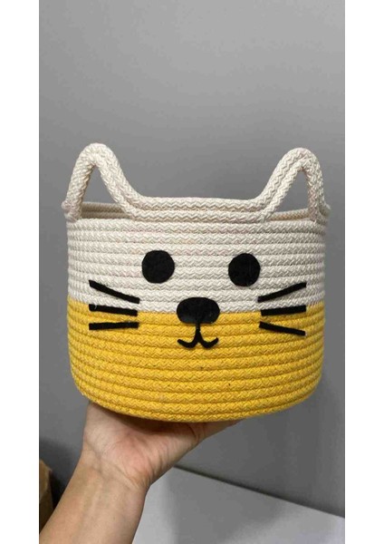 Kedi Figürlü El Yapımı Örgü Sepet – %100 Pamuk Oyuncak ve Dekoratif Sepeti (22X16 Cm, Sarı-Beyaz) modelleri