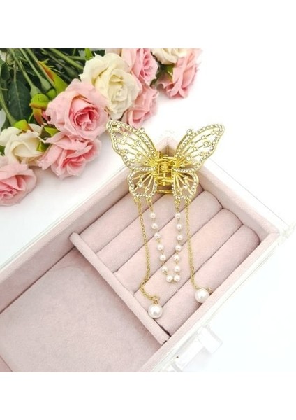 Zirkon Taşlı Inci Sallantılı Kelebek Model Gold Renk 6,5 cm Metal Kadın Mandal Toka(1 Adet)