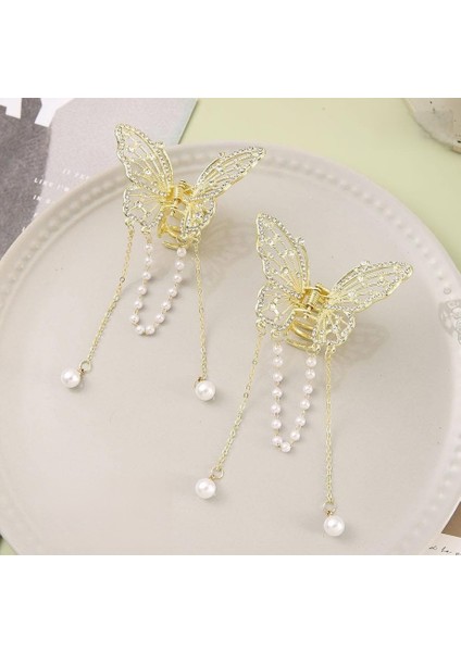 Zirkon Taşlı Inci Sallantılı Kelebek Model Gold Renk 6,5 cm Metal Kadın Mandal Toka(1 Adet) fiyatları
