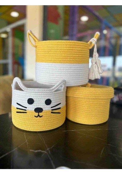 El Yapımı 3’lü Sepet Seti, Kedi Figürlü, Çocuk Odası Sepet, Pamuk Depolama Sepetleri
