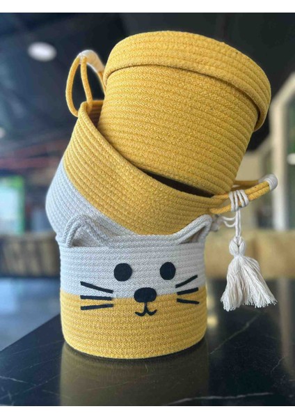 El Yapımı 3’lü Sepet Seti, Kedi Figürlü, Çocuk Odası Sepet, Pamuk Depolama Sepetleri modelleri