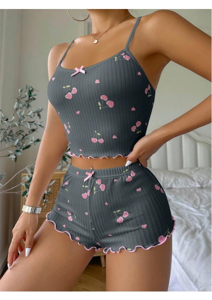 Kiraz Desenli Örme Kadın Şortlu Pijama Takım
