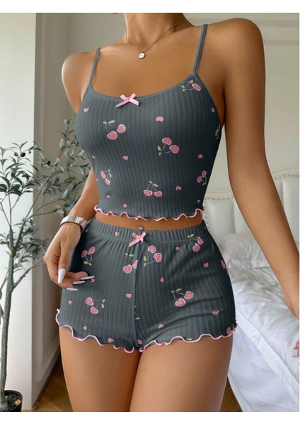 Kiraz Desenli Örme Kadın Şortlu Pijama Takım fiyatları