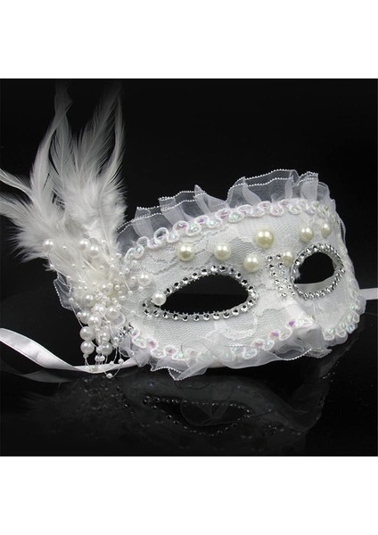 Beyaz Renk Yandan Tüylü Inci Işlemeli Taşlı Dantelli Parti Maskesi 17X12 cm fiyatları
