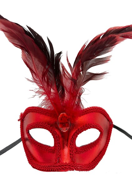 Kırmızı Renk Rugan Kaplama Kırmızı Tüylü Parti Maskesi 18X20 cm fiyatları