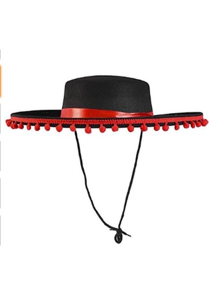 Kırmızı Ponponlu Siyah Renk Çocuk Ispanyol Şapkası