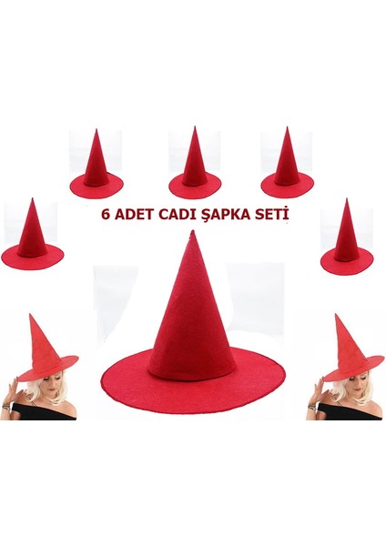 Kırmızı Renk Keçe Cadı Şapkası Yetişkin Çocuk Uyumlu 6 Adet