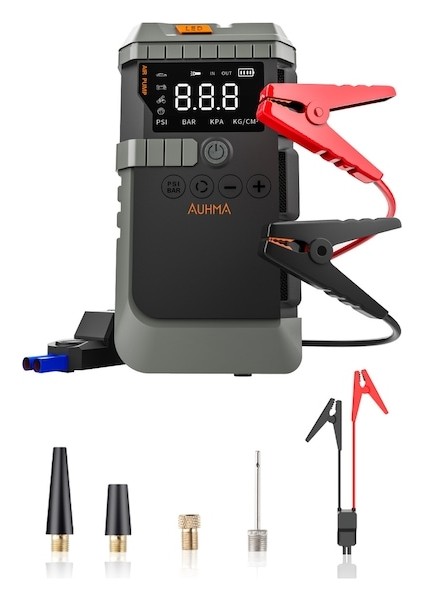 Şarjlı 12.000 Mah Taşınabilir Çantalı Araç Akü Şarj Takviyeli Işıklı Hava Kompresörü 4'ü 1 Arada Powerbank, Jump Starter