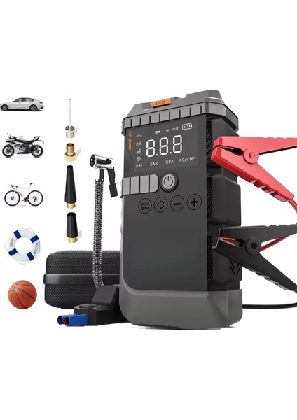 Şarjlı 12.000 Mah Taşınabilir Çantalı Araç Akü Şarj Takviyeli Işıklı Hava Kompresörü 4'ü 1 Arada Powerbank, Jump Starter