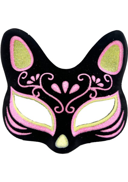 Siyah Renk Süet Kaplama Üzeri Sarı Pembe Simli Kedi Maskesi 17X14 cm fırsatları
