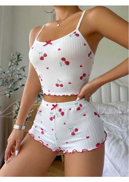 Kiraz Desenli Örme Kadın Şortlu Pijama Takım