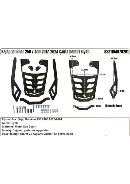 Bajaj Dominar 250-400 Arka Çanta Taşıma DEMIRI-2017-2024 Uyumlu- Siyah- 5 mm