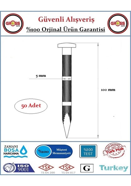 Çelik Beton Çivisi Kanallı - 5X100MM - 50 Adet fiyatları