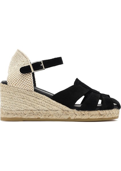 Kadın Siyah Bilekten Bantlı Dolgu Topuklu Süet Deri Espadril Sandalet 25SFD151110
